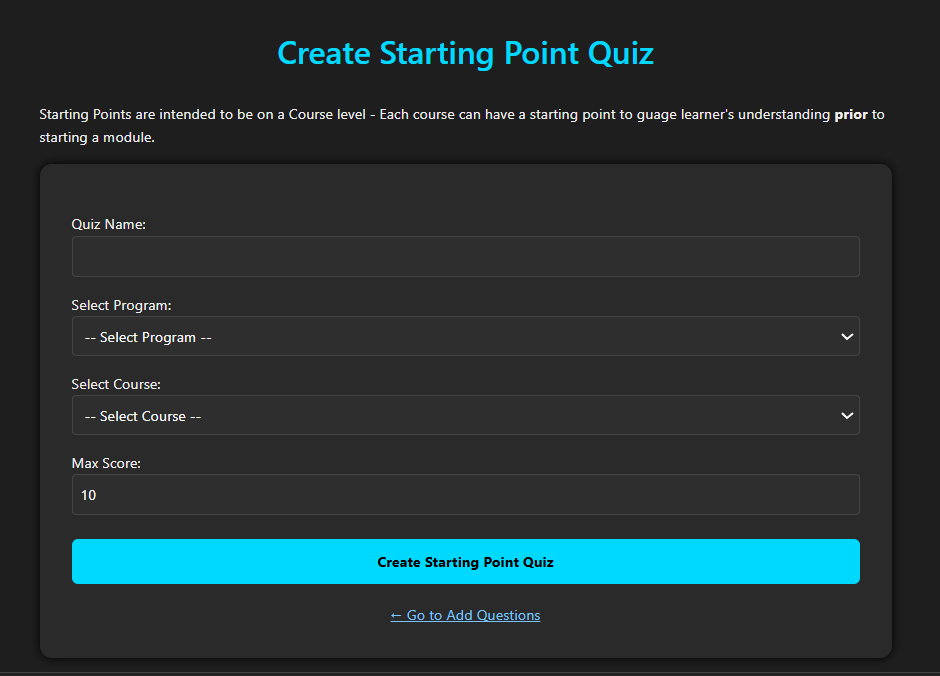 Starter quiz builder interface